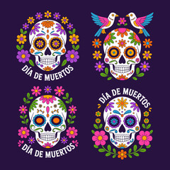 Decorative sugar skull label set, floral wreaths, wings accent, symmetrical ornaments, festival badges, colorful celebration theme, vector illustration
