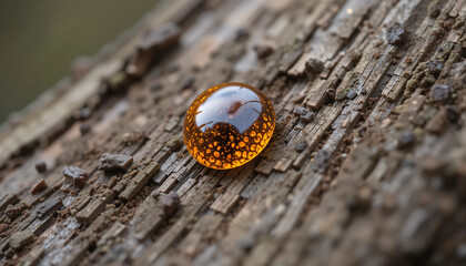 Amber droplet on rustic wood texture showcasing natural beauty
