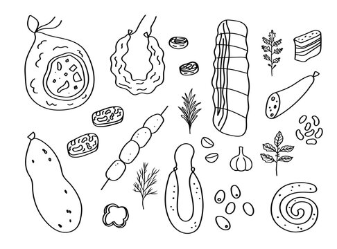 Portuguese food Enchidos sketch on isolated background. Meat smoked sausages products of Porto. Doodle with Chorizo, Farinheira, Lingui&ccedil;a, Salpicao, Morcela, Alheira. National cuisine. Vector card