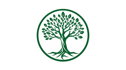 Green stylized tree logo, circular design, roots and leaves.