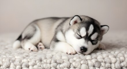 Obraz premium Cute husky puppy peacefully sleeping on soft knitted blanket in warm neutral background, adorable newborn style pet portrait with calm cozy indoor atmosphere