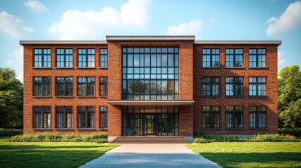 Sunny brick school building exterior, lush green grounds