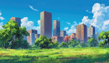 Obraz premium Sunny cityscape with lush greenery