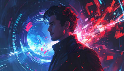 Man in profile against a futuristic digital portal with neon lights