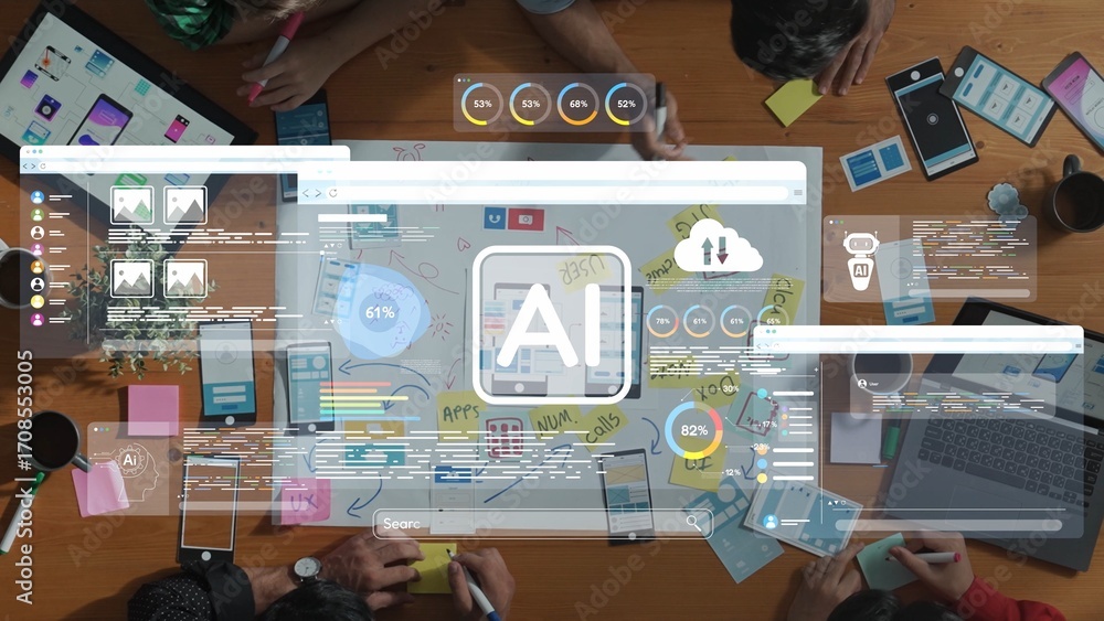 Poster a modern office scene showcasing a collaborative workspace with digital tools and artificial intelli