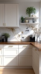 Bright kitchen space showcases minimalist design with light cabinetry, wood accents, and decorative plants enhancing the ambiance