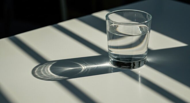 A clear glass of water sits on a white table, bathed in sunlight.  Sharp shadows from blinds or slats are cast across the surface - Powered by Adobe
