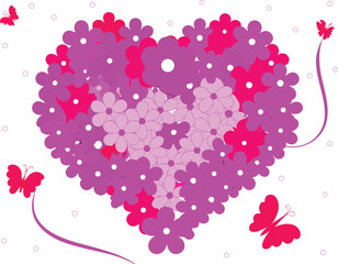 Pink floral heart with delicate butterflies and swirling lines