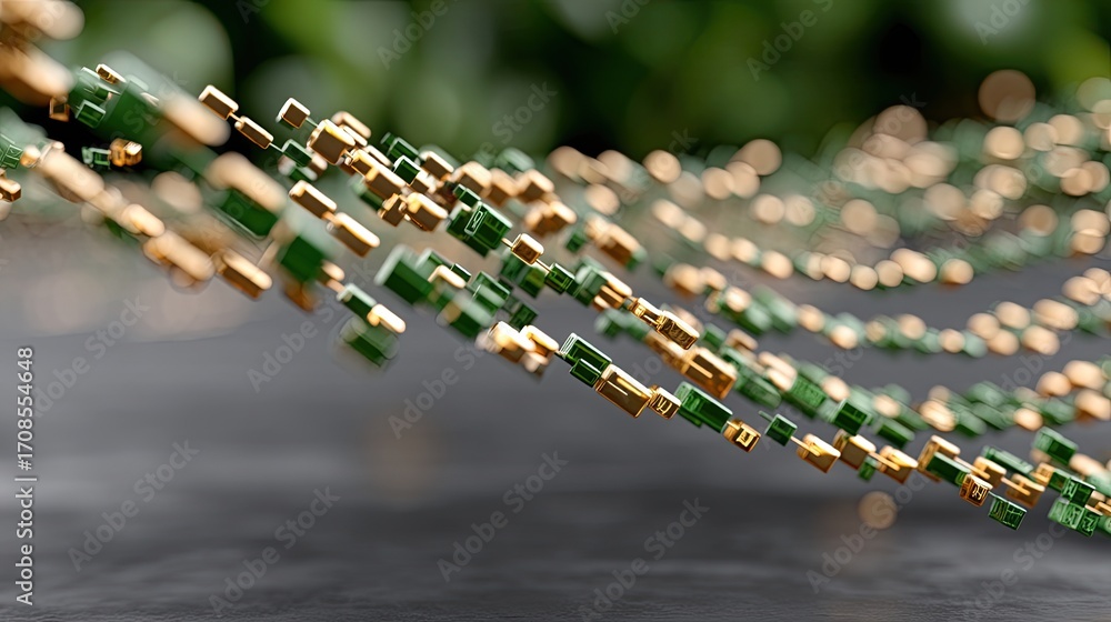 Poster floating green and gold shapes illustrate a dynamic connection in technology, forming an abstract de