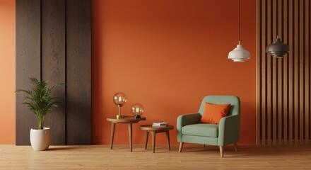 A living room with an orange wall and modern chair.