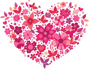 Heart shape made of delicate pink and red flowers and butterflies