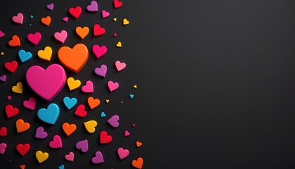 Multicolored hearts scattered on black background, subject positioned on the left with ample blank space on the right for text, clear and balanced position.
