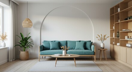 A minimalist living room with a teal sofa and an arch.