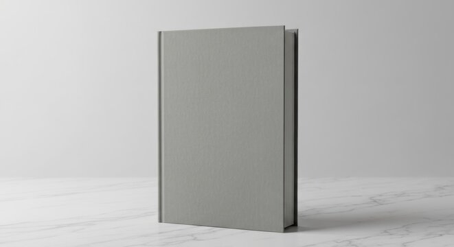 A gray book, standing upright on a white marble surface, against a plain white background