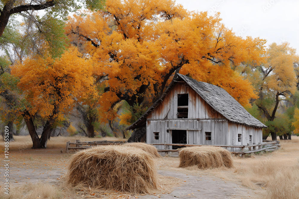 Poster a rustic barn with a large tree in front of it