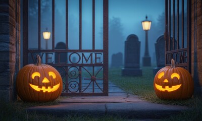 Fototapeta premium Spooky cemetery gate, lit jack-o'-lanterns