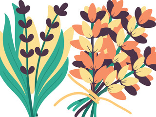 Vibrant illustration of lavender and orange flowers tied with a ribbon