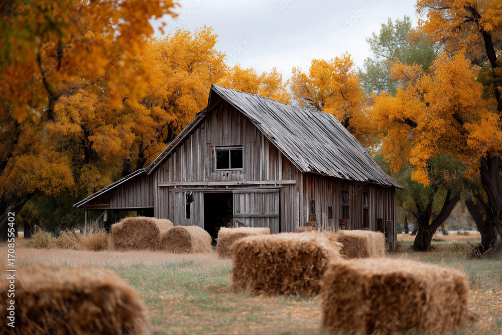 Poster a rustic barn with a large open door sits in a field of hay