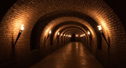 Obraz premium A long, arched tunnel with terracotta walls, lit by torch-like flames