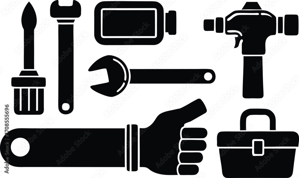 Poster vector set of plumber tools icons including wrench faucet plunger and toolbox scalable eps illustrat