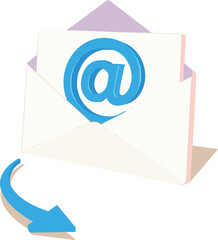 Email icon with at symbol on an open envelope and a blue arrow