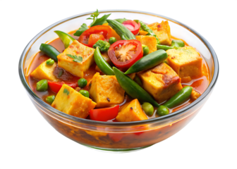 Vibrant tofu and vegetable curry served in a bowl on  transparent background