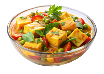 Vibrant tofu and vegetable curry served in a bowl on  transparent background