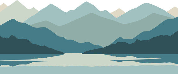 Serene mountain landscape with calm lake reflection in cool blue and green tones