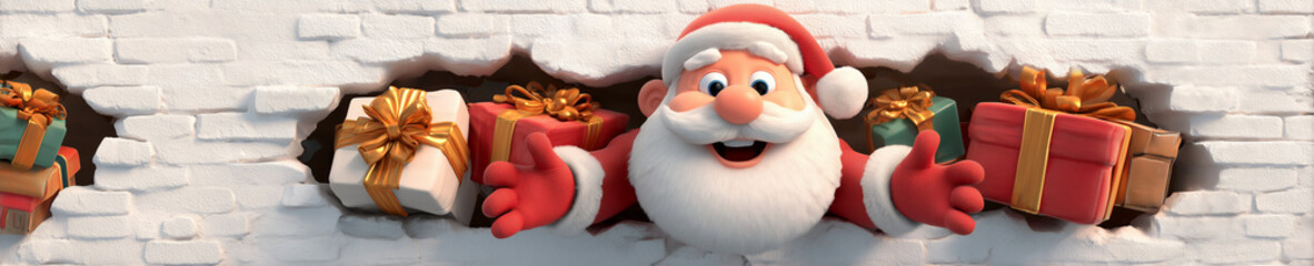 Cartoon Santa Claus breaking through white brick wall with gifts banner