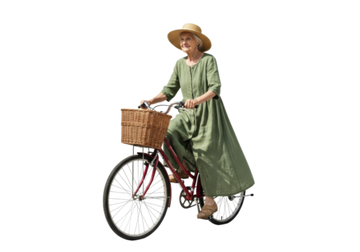 Elderly wizened woman in a straw hat and green linen dress gracefully pedaling a rustic red utility bicycle with a wicker basket against a transparent studio background, soft light. Wholesome