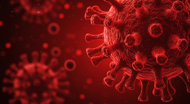 Red Coronavirus Rendering: Microscopic View of Viral Structure with Spike Proteins