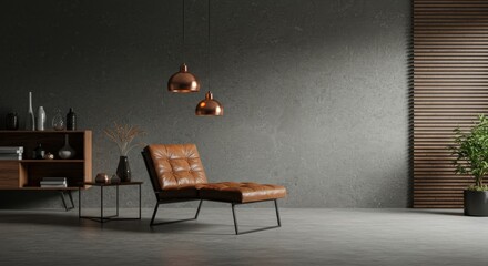 A minimalist living room with a concrete wall.