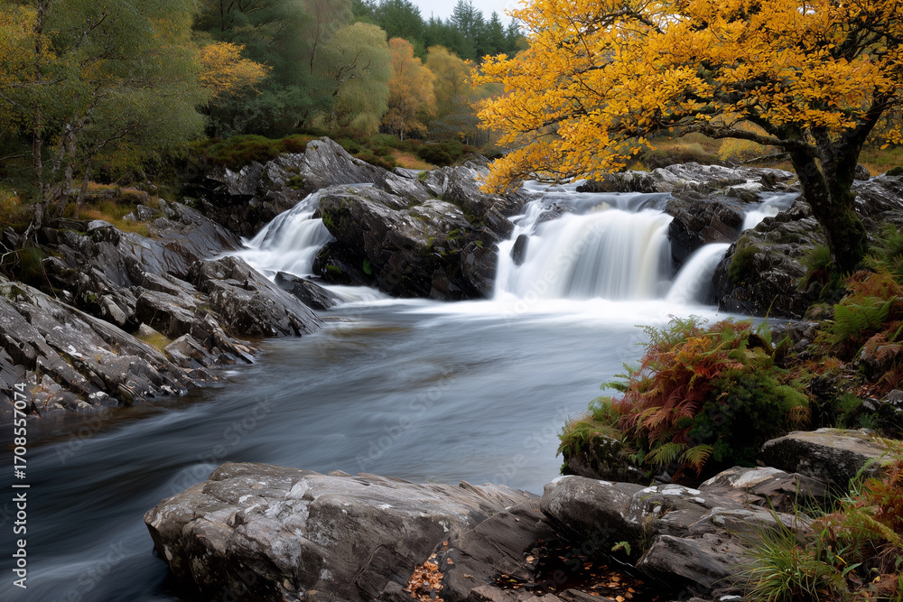 Poster a waterfall is flowing into a river with a tree in the background