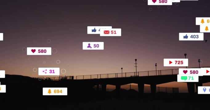 Upon fading in counters, social icons emerging and drifting over pier visualizing engagement rise