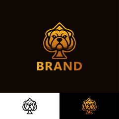 Golden Bulldog Head in Spade Shape Logo for Branding with three different backgrounds. 