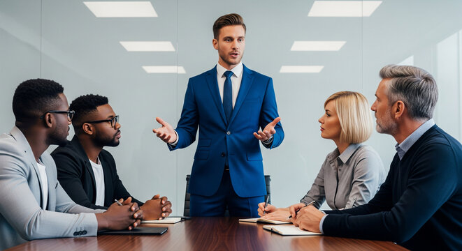 Confident businessman confidently leads meeting, engaging diverse team in modern collaborative workspace discussion