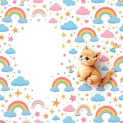Obraz premium Whimsical pattern of pastel clouds, stars, and rainbows on white background, Cute subject on right with rim light, ample copy space on left for photo.