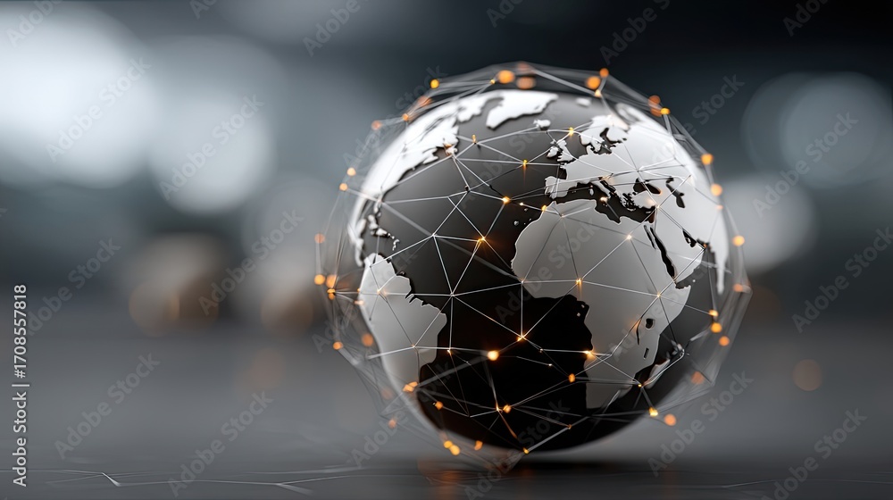 Poster dense web of illuminated connections spread across the globe, highlighting global networks and moder
