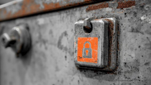 Rusty metal lock safety padlock lockout tagout industrial cabinet secure latch orange label workshop closeup macro corrosion texture rugged finish