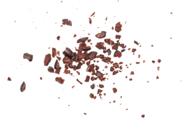 Cacao nibs, crushed and peeled cocoa, isolated on white background, clipping path