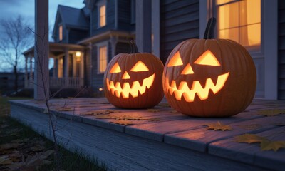 Two illuminated jack-o'-lanterns sit on a porch at twilight.  A  gray-toned house with lit windows is in the background