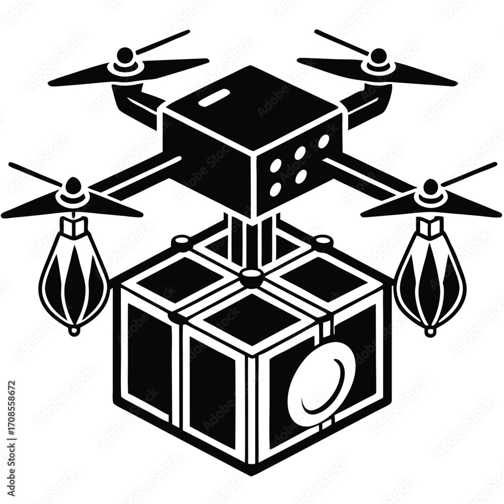 Poster vector illustration of an abstract architectural design with a 3d isometric drone box on a white bac