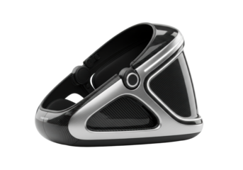 Sleek, matte black high-tech baby transport system, carbon fiber, brushed aluminum, futuristic pod with soft LED glow, white studio background, concept of modern parental innovation