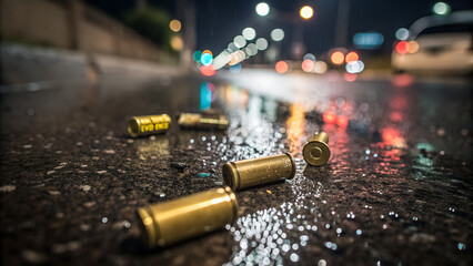 Spent bullet casings scattered on wet asphalt at night with colorful city lights in bokeh background — perfect for crime scene concepts, investigative visuals and urban storytelling themes
