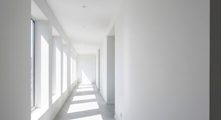 Obraz premium A sunlit, empty hallway. Sunlight streams through evenly spaced windows, highlighting shadows on the white floor and walls