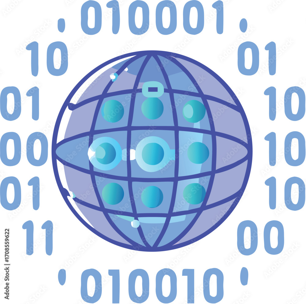 Poster global binary code sphere icon, a 3d illustration of a blue planet representing international intern