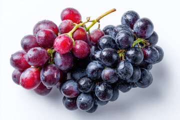 Red and blue grapes clustered together on a white background
