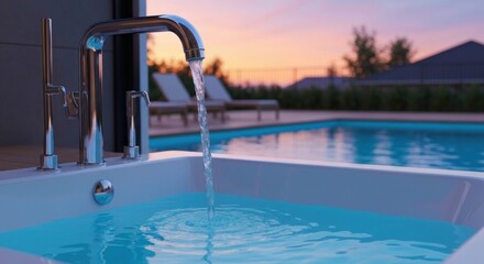 Water flows from a modern faucet into a poolside basin.  Sunset view