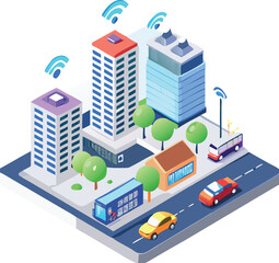 Vector isometric city street with buildings and houses illustrates a charming urban design plan