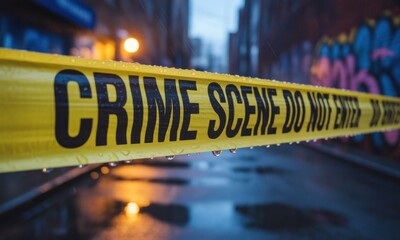 Wet yellow crime scene tape across a city street
